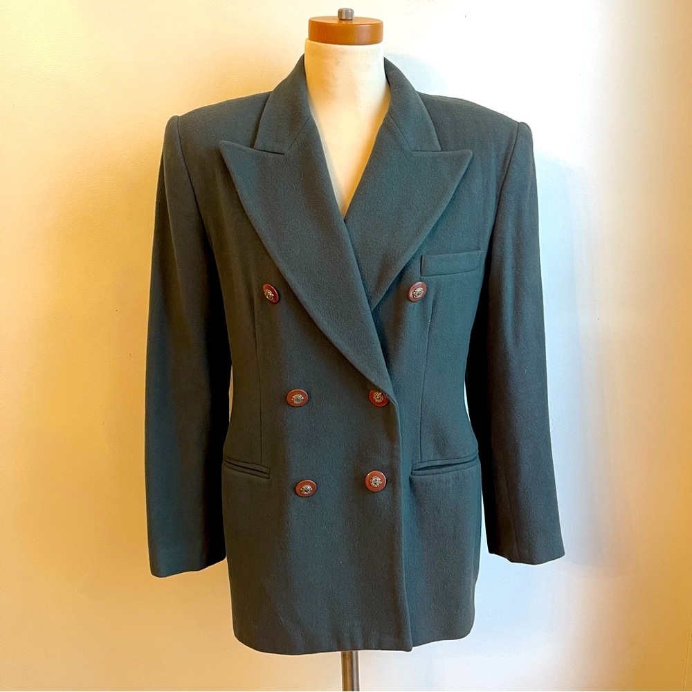 Vintage Roma DeLana Wool Cashmere Blazer Green Hunt Size 10 Signet Crest Double
